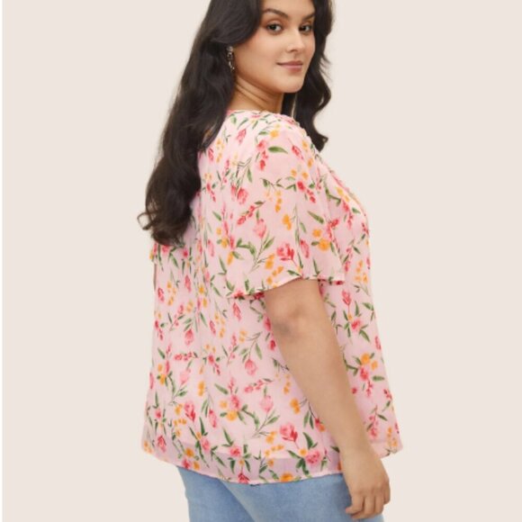 BloomChic Plus Size 3XL Chiffon Watercolor Floral Woven Ribbon Frill Trim Blouse - Picture 2 of 7